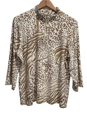 Chico's Weekends Beige and Brown Animal-Print Zip Top